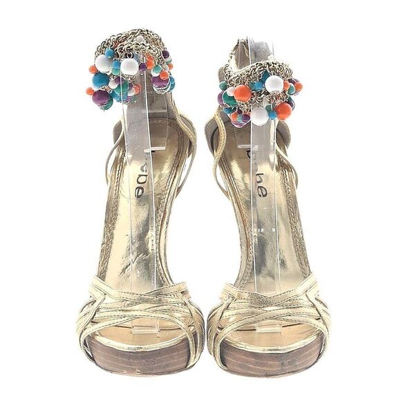 Mid 2000s Bebe Heels Sandals Gold Stiletto Beaded Platform Size 6 - Picture 2 of 11